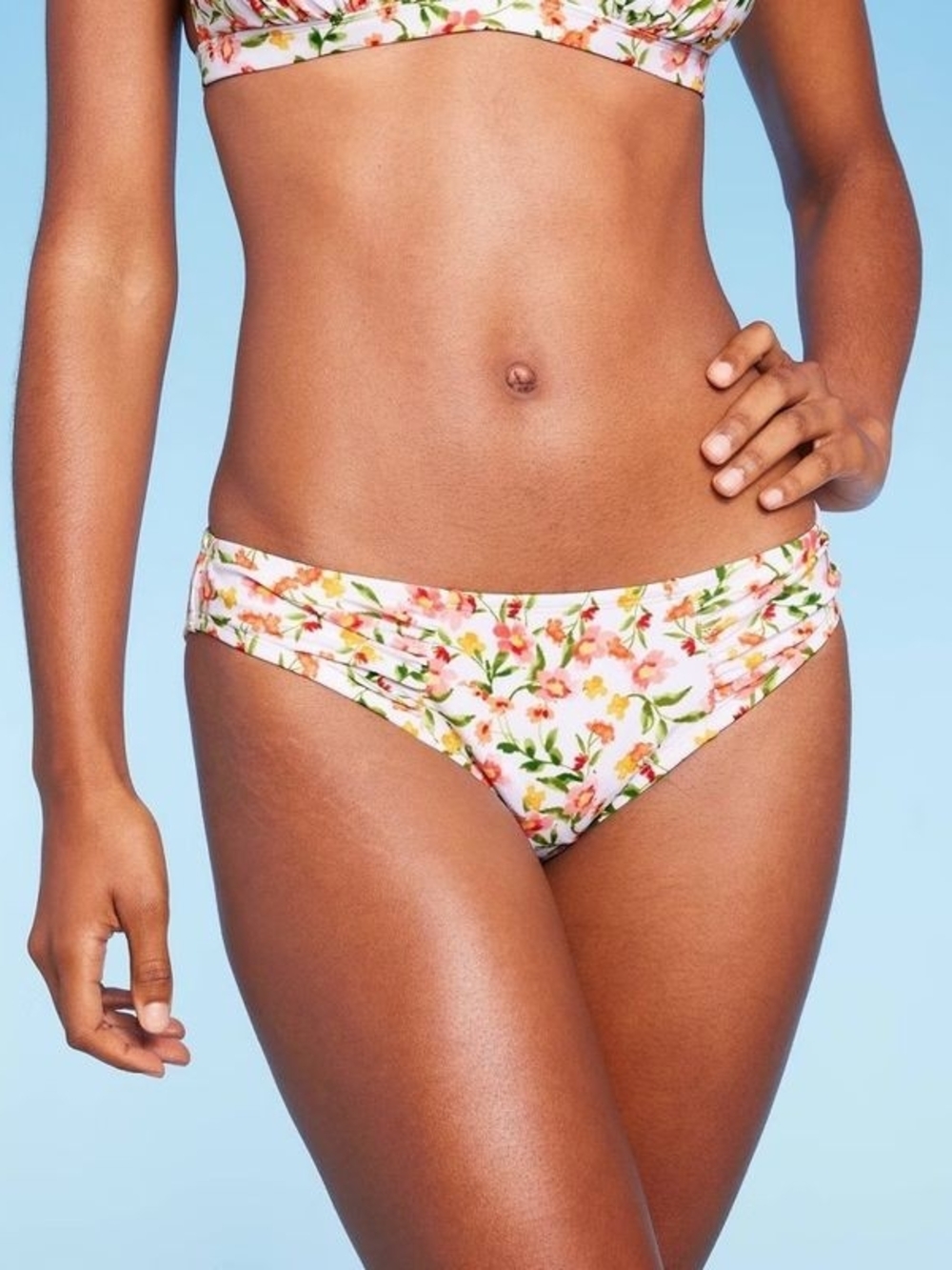 Shade & Shore Pink & Green Floral Ruched Hipster Bikini Bottom